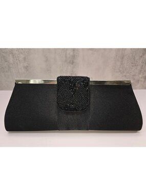 Black Satin Beaded Clutch With Metal Trim Elegant Evening Bag Prom Dance VL5116